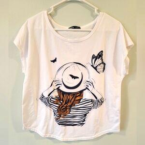 White Graphic Tee with Hat Design